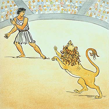 interior illustration: Adroclus is thrown to the lion